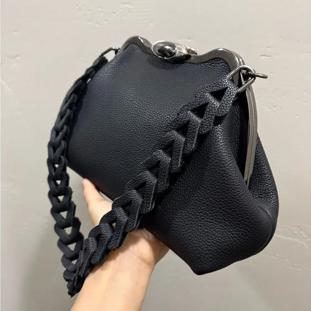 Black Togo Cowhide Leather Handmade Custom Metal Frame Handbag & 2 Strap Styles